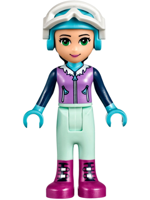 Emma, Light Aqua Trousers, Medium Lavender Ski Vest, Helmet, Goggles